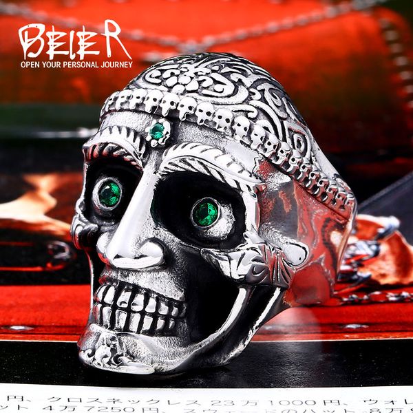 

beier 316l stainless steel punk skull green eyes men's ring biker rock jewelry llbr8-711r, Golden;silver