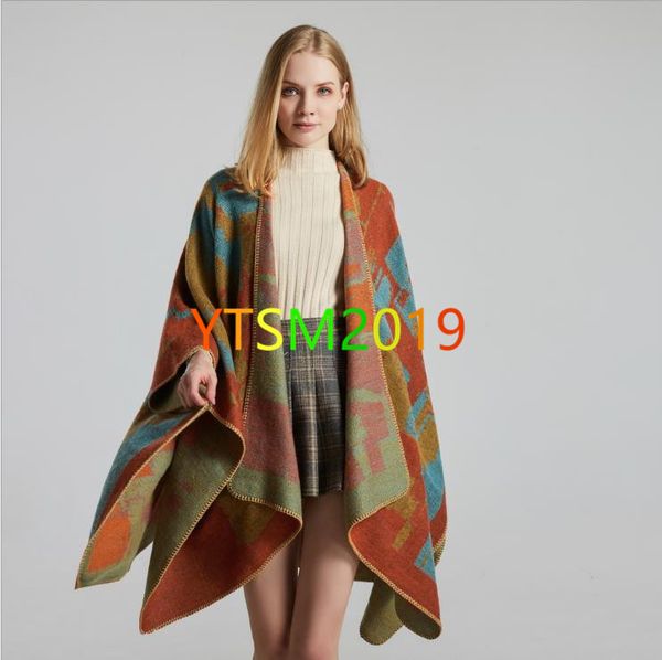 

women's scatf cape coat engthening cloak imitation cashmere warm shawl coat loose tippet casual outerwear jacquard mantle, Black
