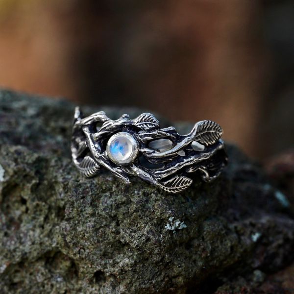 

creative mosaic natural moonstone black gold branch ring vintage thai silver stained black leaf ring size 5-12