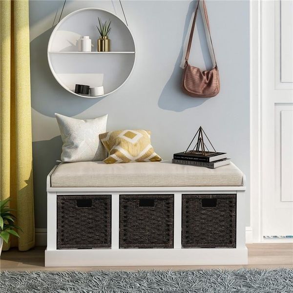 

trexm rustic storage bench with 3 removable classic fabric basket entryway bench storage bench with removable cushion white wf193443aak