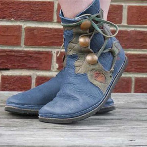 

women ankle boots flats shoe vintage pu leather gladiator ethic lace up shoes plus size booties woman mujer zapatos mujer d1671, Black