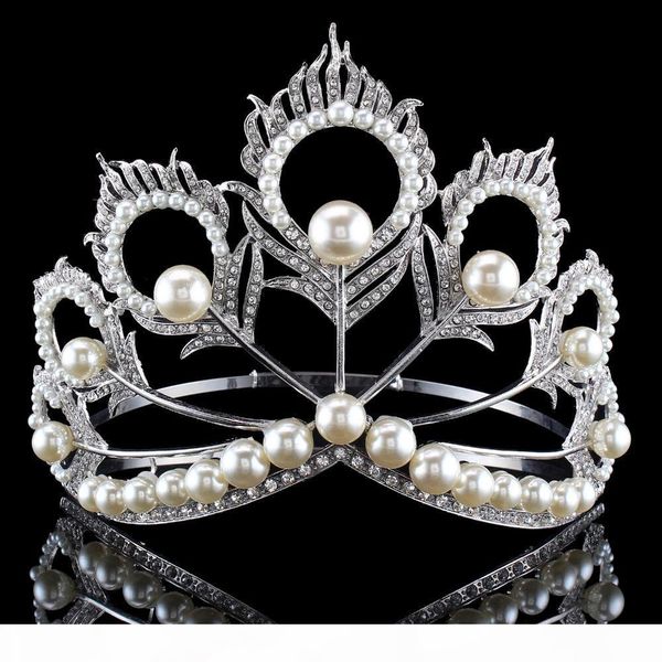 

new arrival big size 2017 miss universe same crown full round adjustable silver pearl peakcock feather tiara pageant y19051302, Slivery;golden