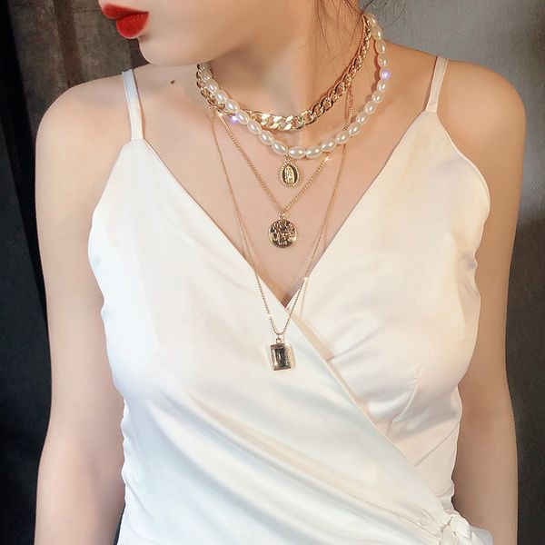 

1 set vintage imitation pearl women necklace retro pendant multi layer design fashion accessories beautiful gift simple elegant, Silver