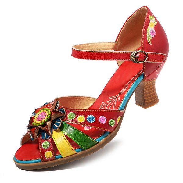 

elegance vintage hollow out leather bohemian women sandals genuine leather buckle strap 4-5cm thick high heels women shoes 2020, Black