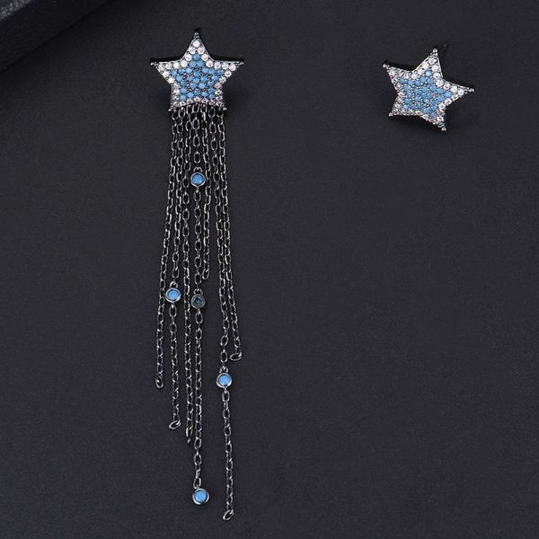 

dangle & chandelier five-pointed stars long chains tassel asymetry full cubic zirconia drop earrings for women girls jewelry, Silver