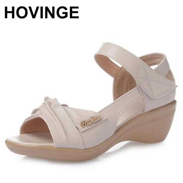 

sandals hovinge summer woman leather shoes soft sole open toe casual wedges women fashion sandal, Black