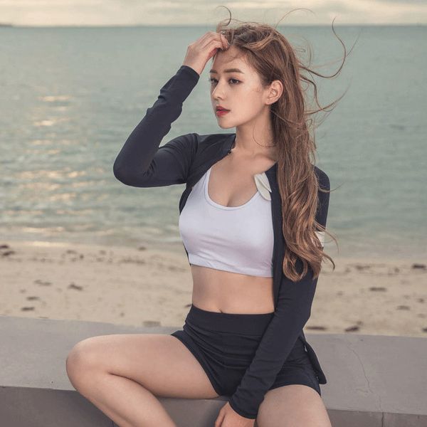 

women long sleeve zip front rash guard quick-drying surfing swimwear sport three piece shirt & shorts swimsuit sun uv suits