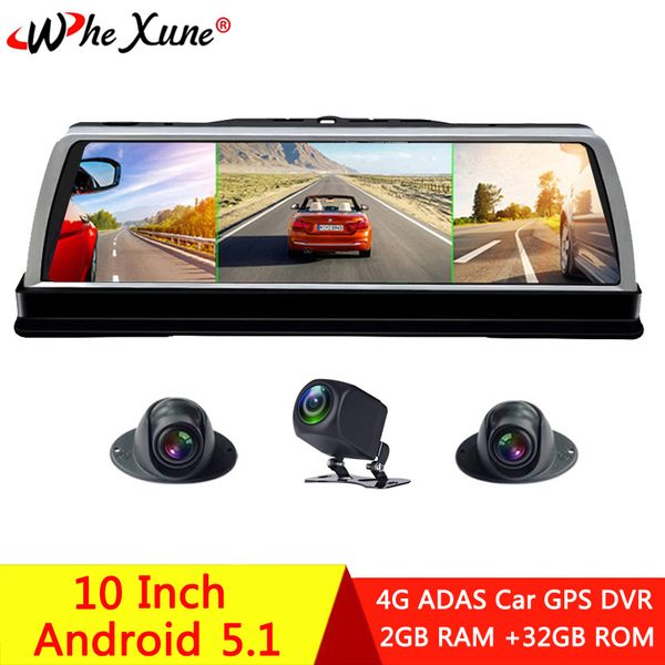 

whexune 2020 new 4 channel car dvr dashcam 4g adas android 10" center console mirror gps wifi fhd 1080p rear lens video recorder