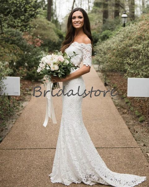 

rustic forest mermaid lace wedding dresses two piece short sleeves crop beach wedding dress 2020 long robes de mariée retro bride, White