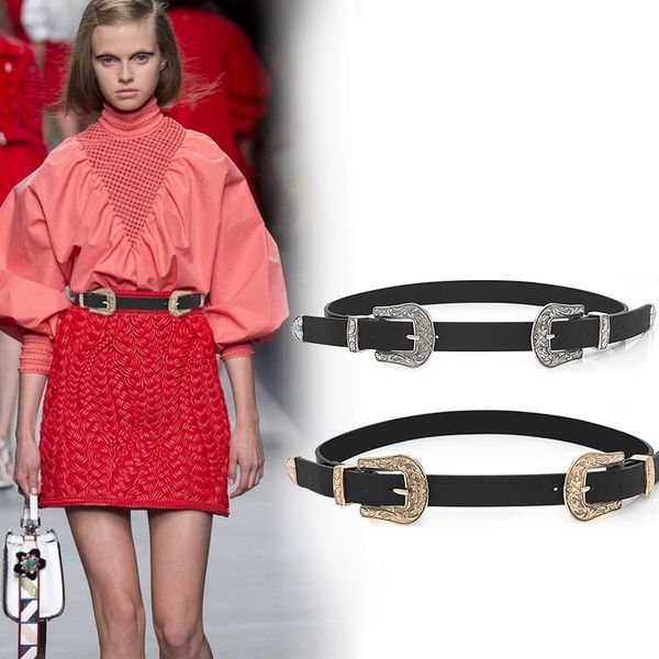 

vintage carved double-headed ladies pin buckle high-quality belt denim casual wild durable belt, Black;brown