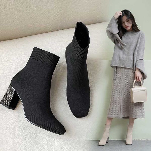 

skinny boots 2020 spring and autumn new rhinestone thick heel short boots women's fashion wild knit elastic x163, Black