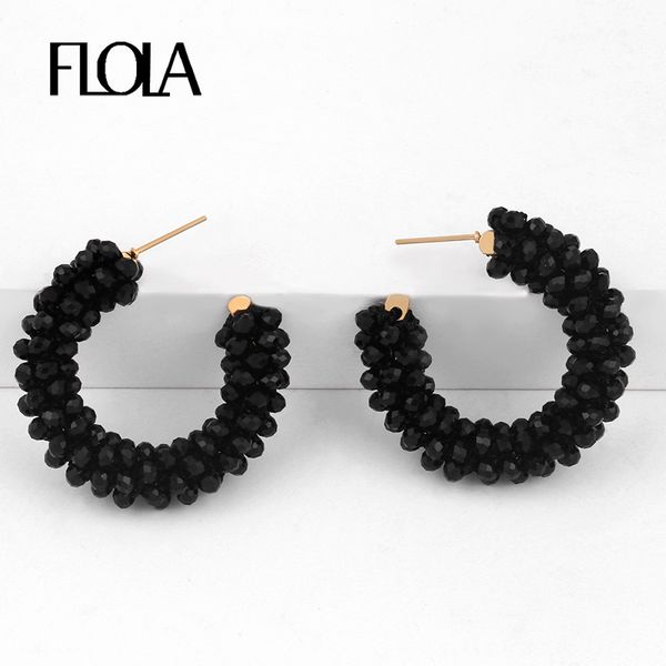 

flola handmade stainless steel hoop earrings for women boho beaded black earring beads huggie bohemian jewelry oorbellen erss72, Golden;silver