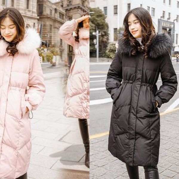 

new winter women's slim waist down jacket large fur collar hooded down coats parka fashion thicken warm long coat, Black;white