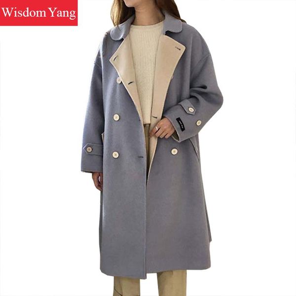 

winter coat women wool cashmere coats jacket woman plus size long green coats korean clothes oversized woolen overcoat outerwear, Black