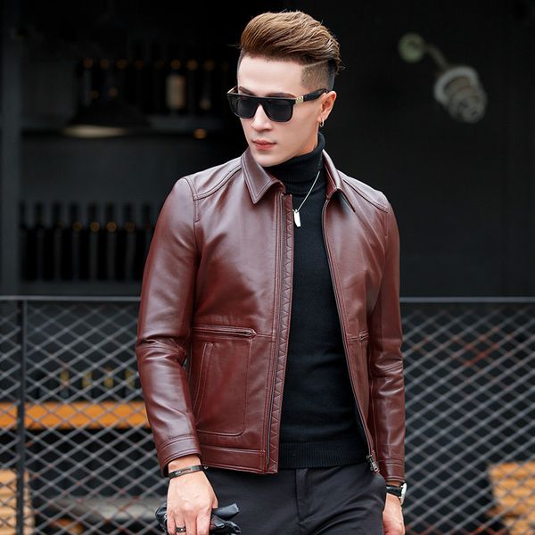 

mens leather jacket real genuine leather sheepskin coat short motorcycle jacket men clothes chaqueta cuero hombre kj4282, Black