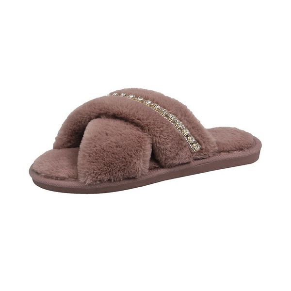 

women home slippers rainbow winter warm shoes woman slip on flats slides female faux fur slippers plus size, Black