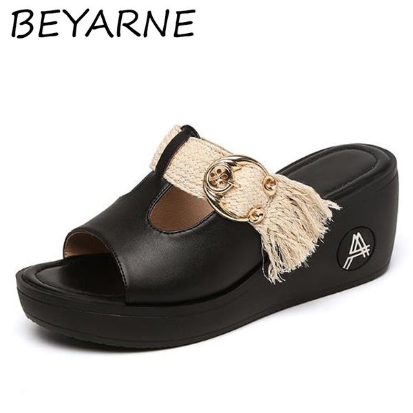 

beyarne women slipper 2020 ladies summer slippers shoes women wedges heels fashion summer genuine leather platform shoes, Black