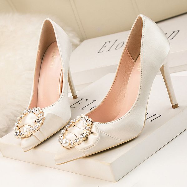 

nice2020 korean style 9288-8 women's shoes thin high heel slimming shallow mouth pointed shiny rhinestone buckle, Black