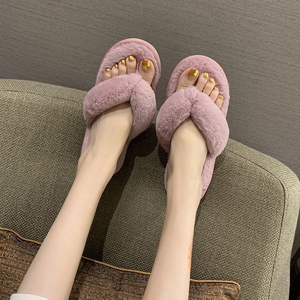 

gogd]women's warm slippers autumn winter plush open toe flip flops girl outdoor slippers, Black