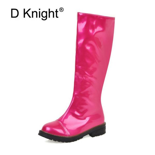 

d knight women shoes knee high boots big size patent leather brand women shoes round toe long winter boots 12, Black
