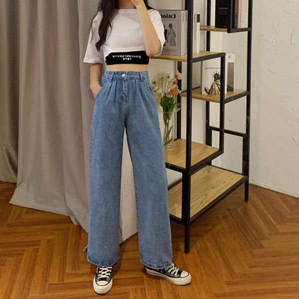 

women's jeans plus size high waisted straight leg loose wide dark for women, Blue