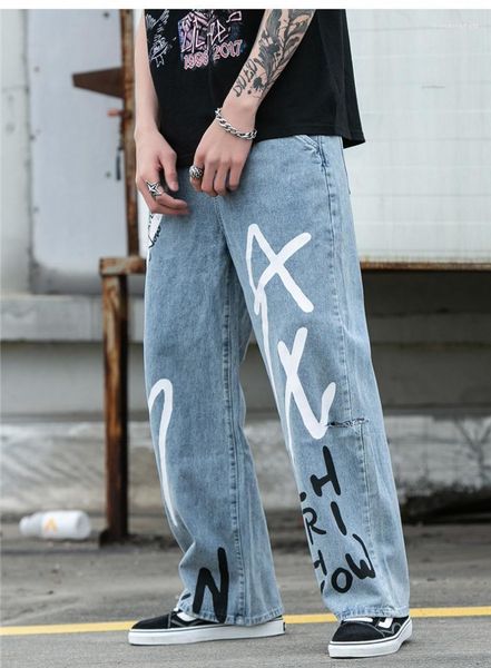 

wide leg designer doodling relaxed jeans solid letter printed male trousers mens vintage hiphop loose jeans boys, Blue