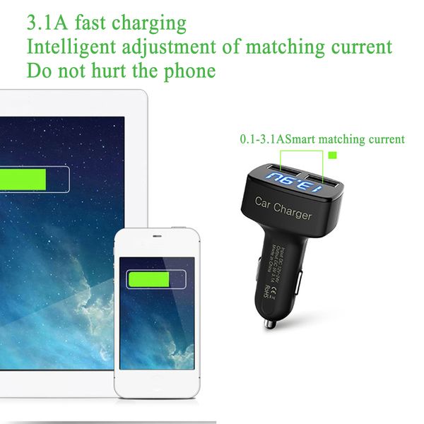 

dual usb car charger 5v 3.1a universal 4 in 1 with voltage/temperature/current meter tester adapter digital led display