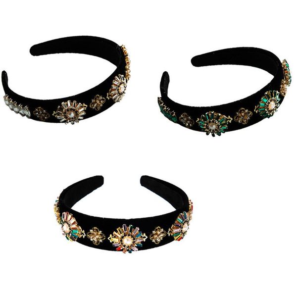 

french style ladies hair hoop glitter multicolored rhinestone floral bandana wedding prom velvet pearl jewelry headdress