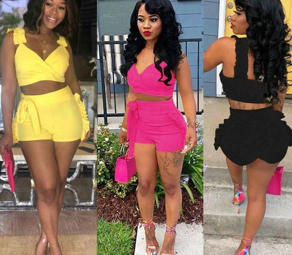 

fashion two piece set summer women crop high waist shorts 2pcs ruffles bow outfits ladies slim fit matching clothes sets, Gray
