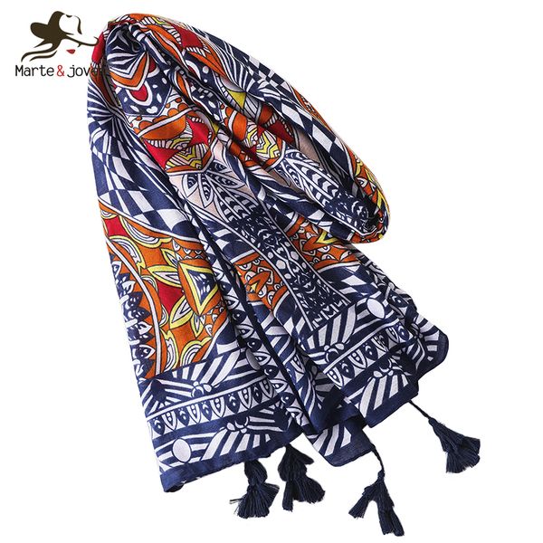 

marte&joven luxury design women hijab ethnic print scarf wraps orange/blue bohemian autumn winter warm large size shawl, Blue;gray