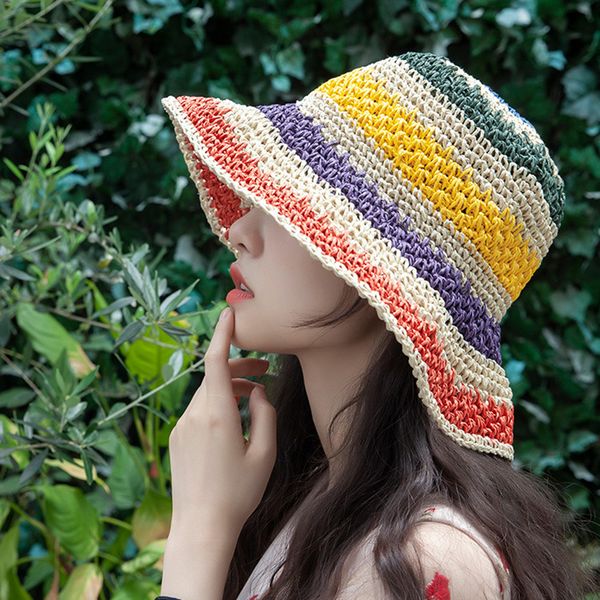 

color striped straw hat female summer korean hollowed out foldable fisherman hat beach vacation sun tide, Blue;gray