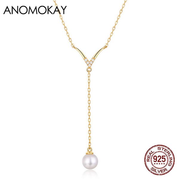 

anomokay new arrivals v shape gold color necklace with long chain link pearl jewelry real sterling 925 silver long necklace gift