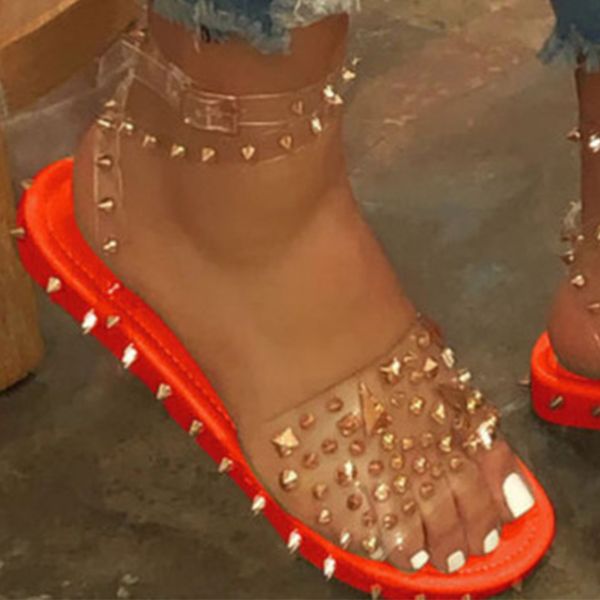 

women sandals transparent line style ladies falt shoes ankle strap rivet fashion girl female crystal sandals summer plus size 4, Black