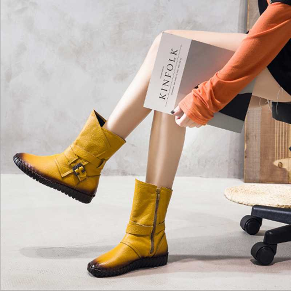 

35-432020winter new style side zipper handmade leather boots large size flat women's shoes long boots women's, Black