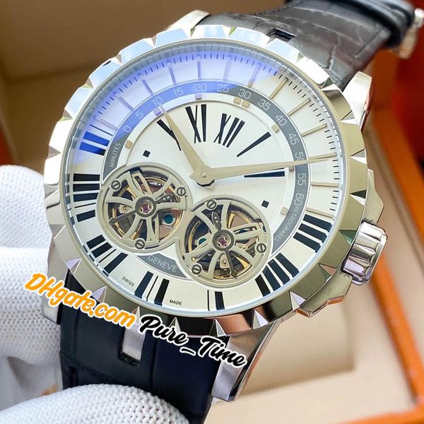 Relógio masculino luxuoso novo 46 RDDBEX0249 duplo turbilhão automático caixa de aço com mostrador branco pulseira de couro relógios masculinos Pure_Time E66