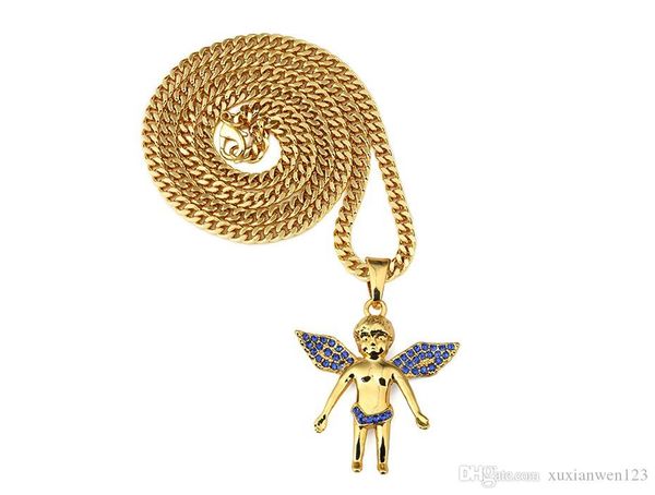 

pendant necklace new micro angel boy blue rhinestone pendants & necklaces hip hop lovers bling necklaces for men women gift, Silver