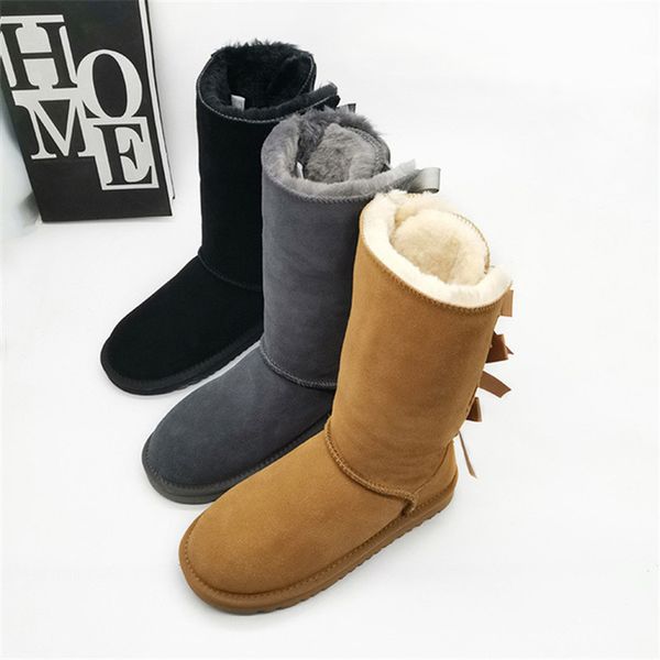 

three bowknot 2020 thick plush boots women's shoes warm shoes high boots winter mujer botas genuine leather woman snow, Black