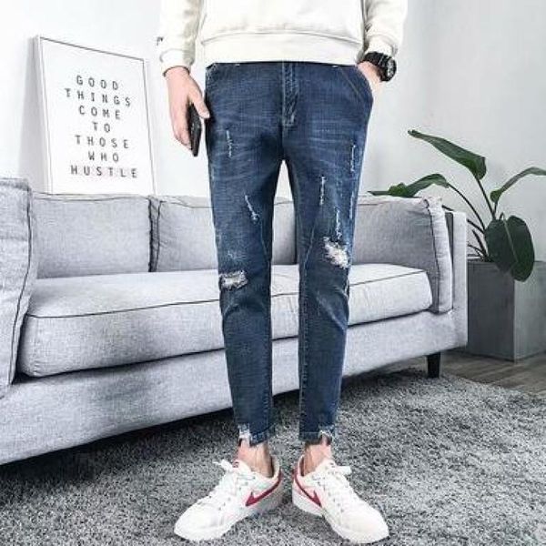 

hole jeans male tide back nine minutes of pants spring and summer, Blue