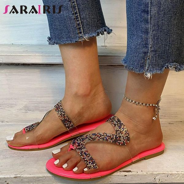 

sarairis casual low heel summer slides new brand design glitters slippers women ins bright colors shoes woman, Black