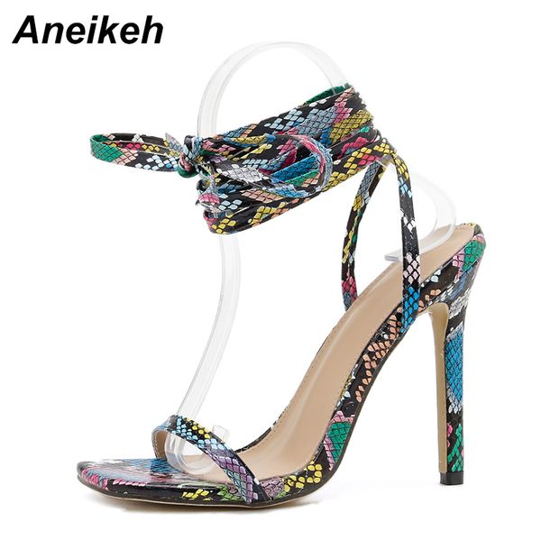 

sandals aneikeh 2021 summer fashion women shoes ankle strap pu lace-up front & rear cross-tied thin heels party colour, Black