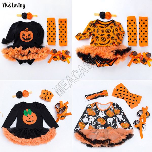 

christmas baby girls rompers long sleeve dress+headband+kneepad+shoes four-piece suit halloween kids pots snow pumpkin jumpsuits 0-2y d82504, Black;white