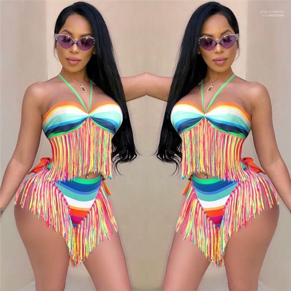 

skinny swimwear 2pcs tassel womens bikinis summer halter panelled backless swimwear womens bathing suits ladies striped, White;black