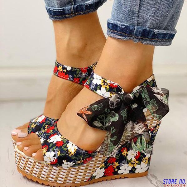 

women sandals dot bowknot design platform wedge female casual high increas shoes ladies fashion ankle strap open toe sandals, Black