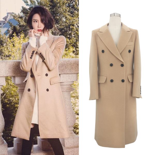 

autumn winter fashion double breasted woolen coat women slim camel long wool blends coat, Black