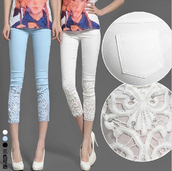 

s xxxxl 2020 female elastic legging lace mid waist decoration capris pant leggings drop shipping, Black