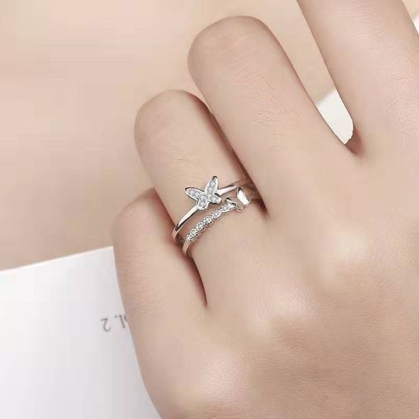 

fashion 925 sterling silver double butterfly crystal zircon rings for women adjustable open ring girls gift statement jewelry, Golden;silver
