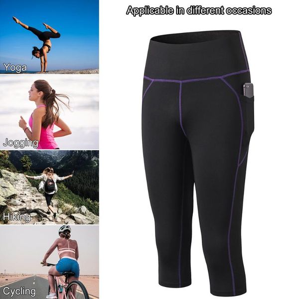 

women yoga leggings capri pants quick dry high waist pocket bodycon jogging workout gym fitness sport trousers yoga pants, White;red