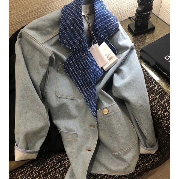 

cosmicchic 2020 spring summer splicing female cowboy leisure loose jacket lapels leisure suit coat woman, Black;brown