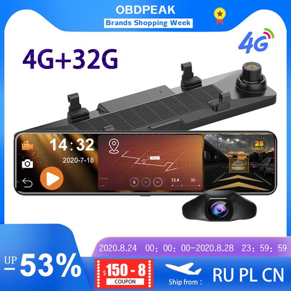 

obdpeak 4gb+32gb car dvr camera android 8.1 stream rearview mirror 12'' ips 1080p drive video auto recorder registrator dash cam