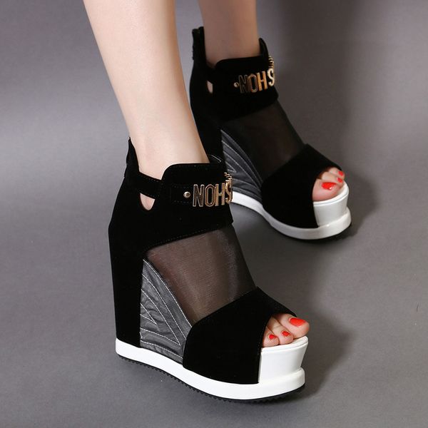 

2020 summer new fashion roman wedge sandals waterproof platform nightclub high heel fish mouth women's shoes, Black